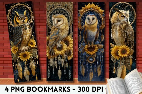 Fantasy Boho Sunflower Owl Bookmark PNG for Crafts