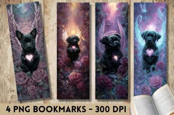 Gothic Angel Black Dog Rose Bookmark PNG Crafts
