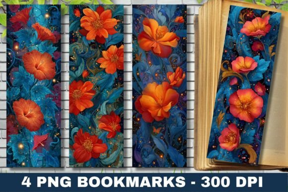 Mystic Night Blue Orange Floral Bookmark Print Templates