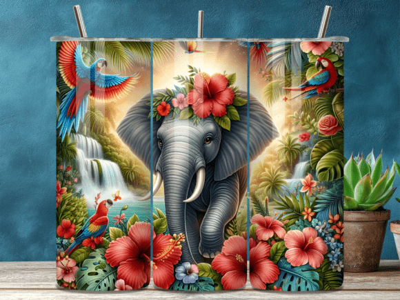 Tropical Floral Jungle Elephant Tumbler Wraps